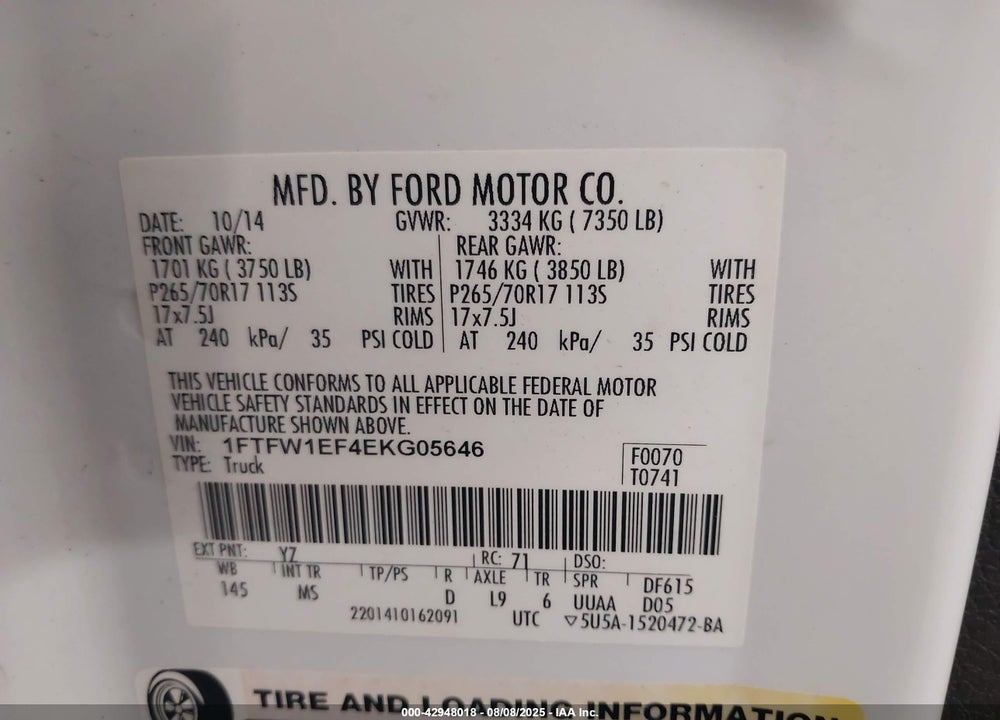 2014 FORD F-150 XLT VIN: 1FTFW1EF4EKG05646