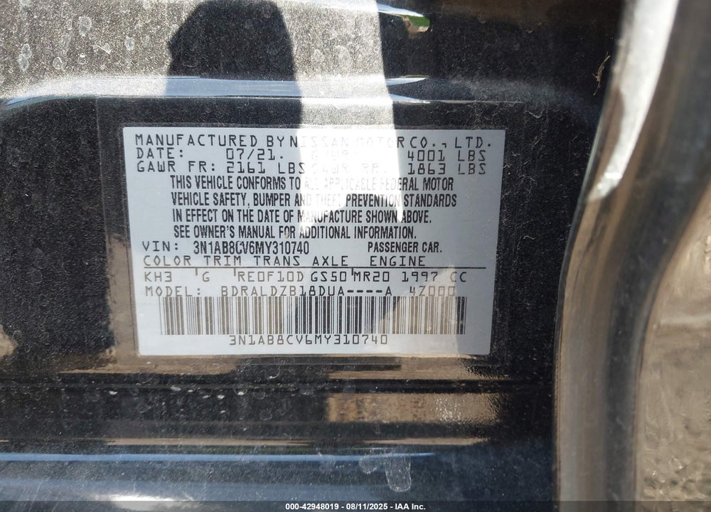 2021 NISSAN SENTRA VIN: 3N1AB8CV6MY310740