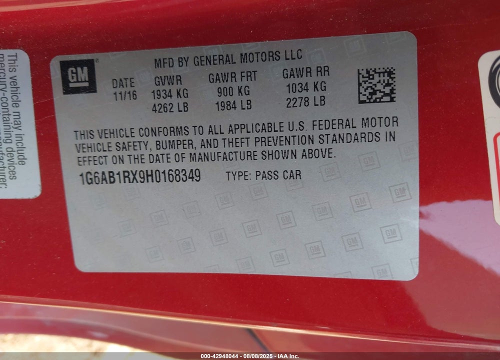 2017 CADILLAC ATS VIN: 1G6AB1RX9H0168349