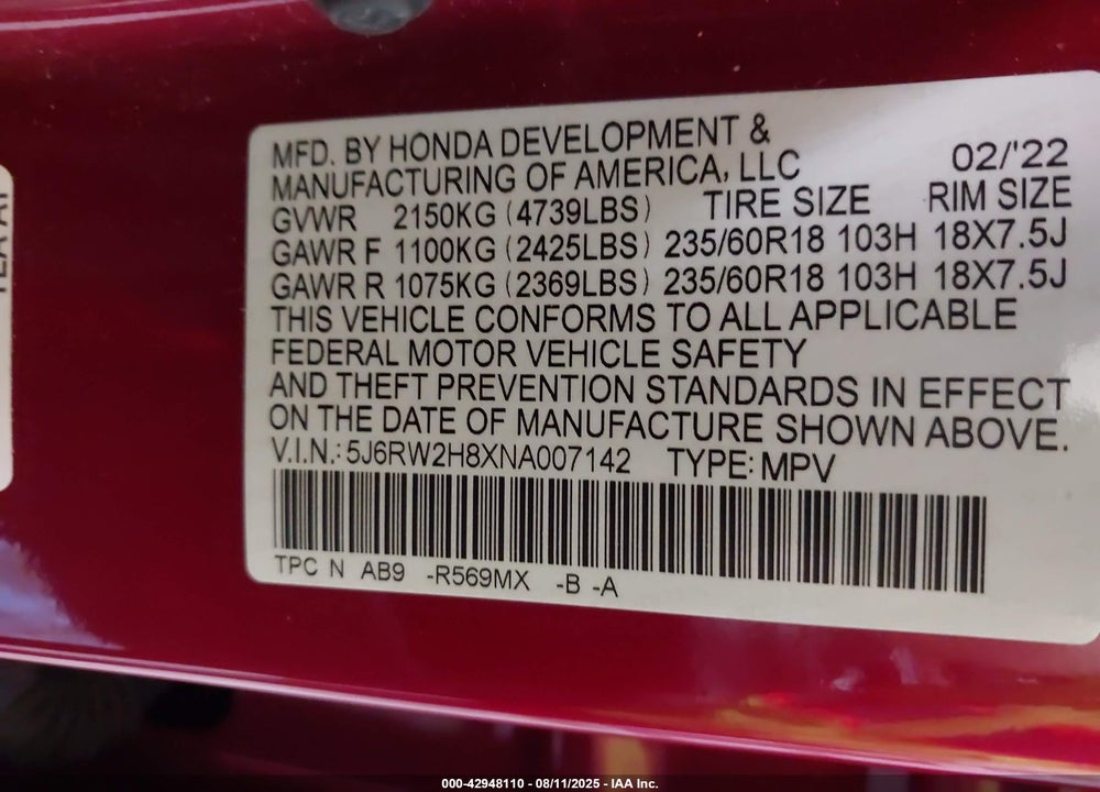 2022 HONDA CR-V AWD EX-L VIN: 5J6RW2H8XNA007142