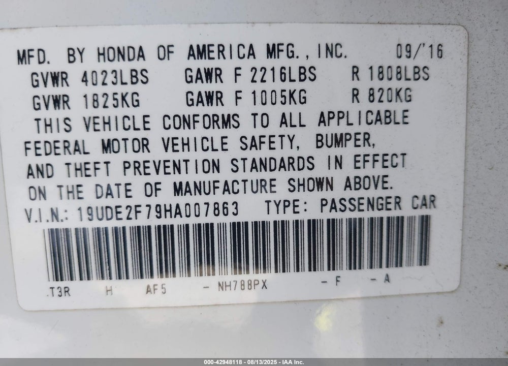 2017 ACURA ILX VIN: 19UDE2F79HA007863