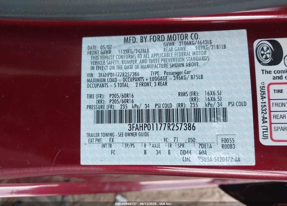 2007 FORD FUSION VIN: 3FAHP01177R257386