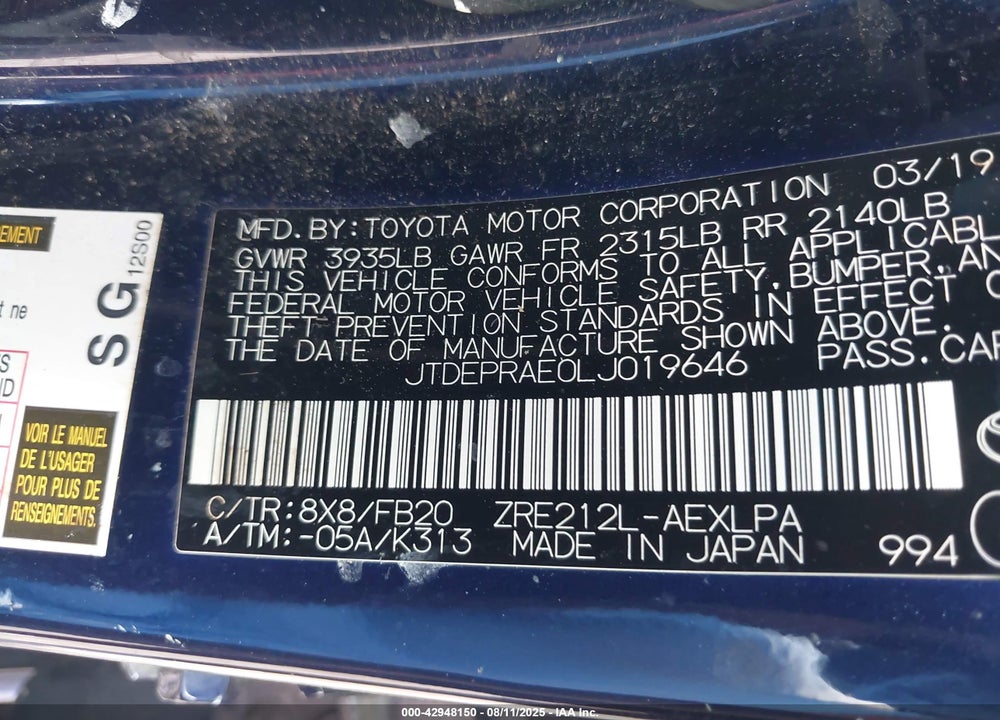 2020 TOYOTA COROLLA LE VIN: JTDEPRAE0LJ019646