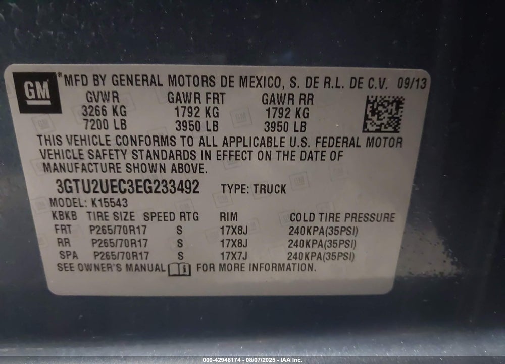 2014 GMC SIERRA 1500 VIN: 3GTU2UEC3EG233492