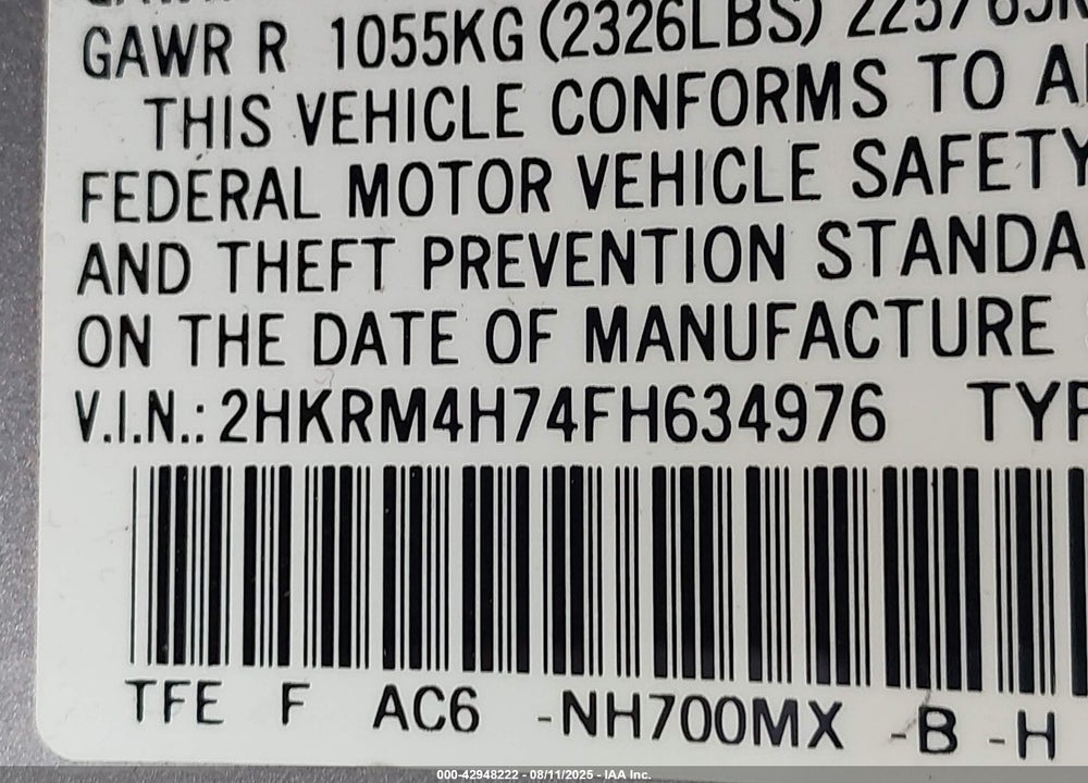 2015 HONDA CR-V VIN: 2HKRM4H74FH634976