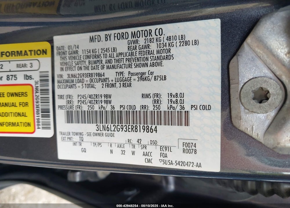 2014 LINCOLN MKZ VIN: 3LN6L2G93ER819864