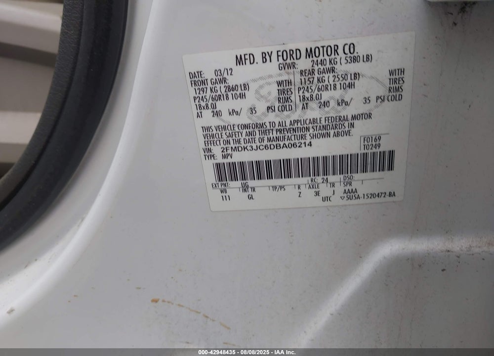 2013 FORD EDGE SEL VIN: 2FMDK3JC6DBA06214