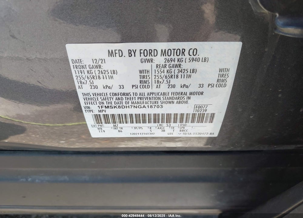 2022 FORD EXPLORER VIN: 1FMSK8DH7NGA18703