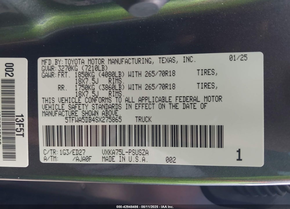 2025 TOYOTA TUNDRA VIN: 5TFWA5DB4SX275865