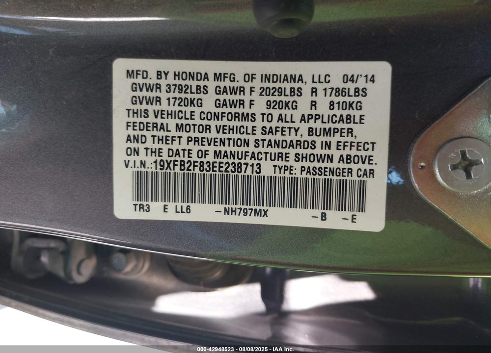 2014 HONDA CIVIC EX VIN: 19XFB2F83EE238713