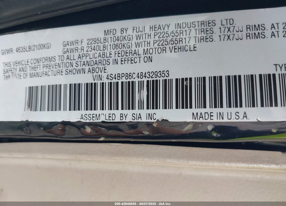2008 SUBARU OUTBACK VIN: 4S4BP86C484329353