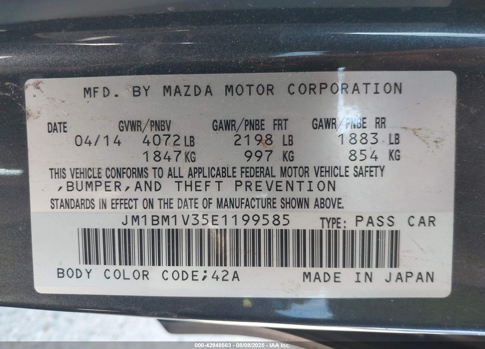2014 MAZDA 3 VIN: JM1BM1V35E1199585