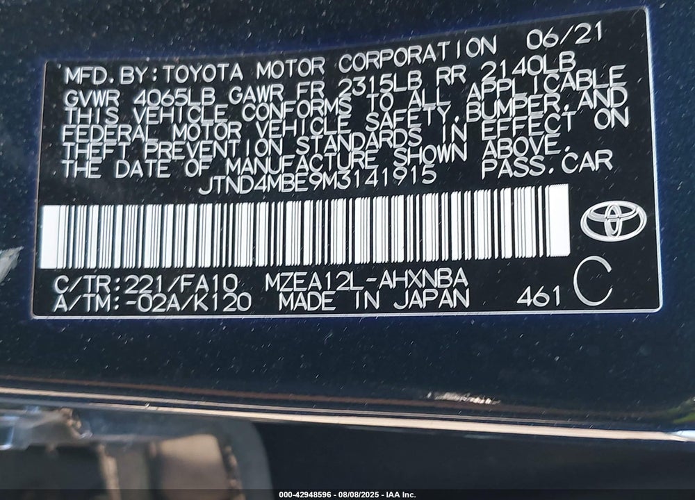 2021 TOYOTA COROLLA VIN: JTND4MBE9M3141915
