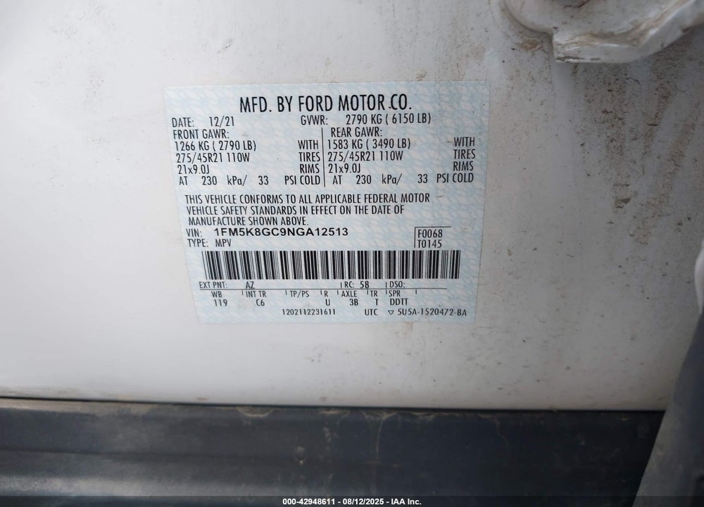 2022 FORD EXPLORER VIN: 1FM5K8GC9NGA12513