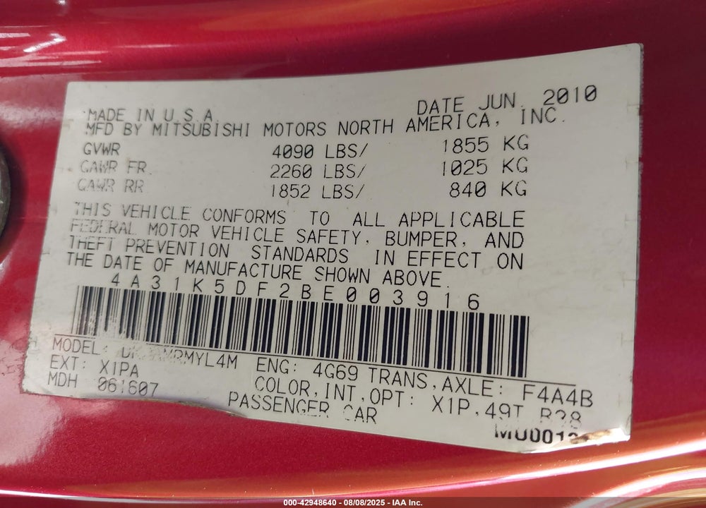 2011 MITSUBISHI ECLIPSE VIN: 4A31K5DF2BE003916