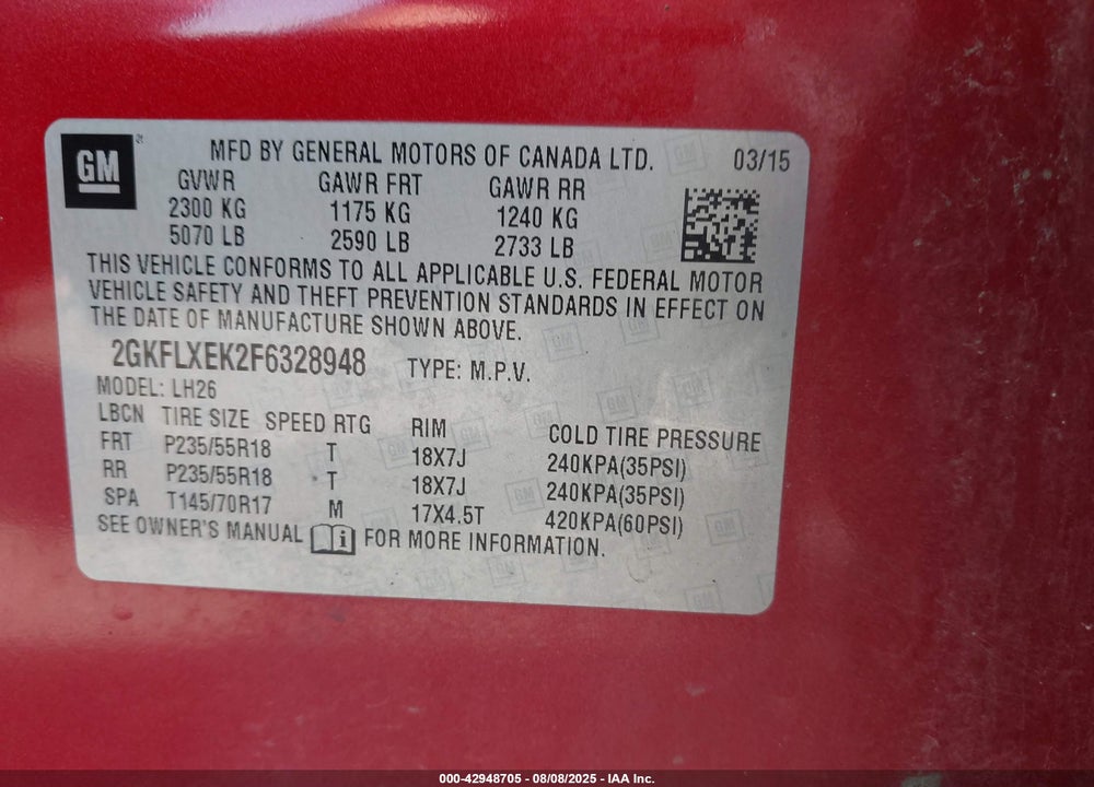2015 GMC TERRAIN VIN: 2GKFLXEK2F6328948