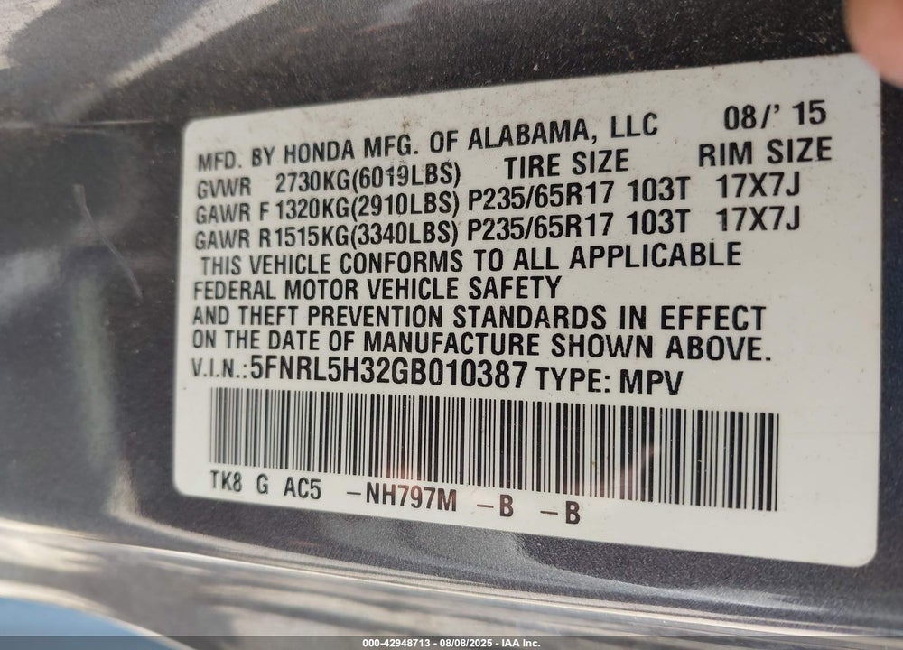 2016 HONDA ODYSSEY SE VIN: 5FNRL5H32GB010387