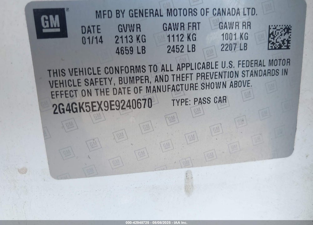 2014 BUICK REGAL TURBO VIN: 2G4GK5EX9E9240670
