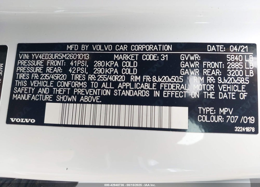 2021 VOLVO XC40 RECHARGE PURE ELECTRIC P8 VIN: YV4ED3UR5M2601013