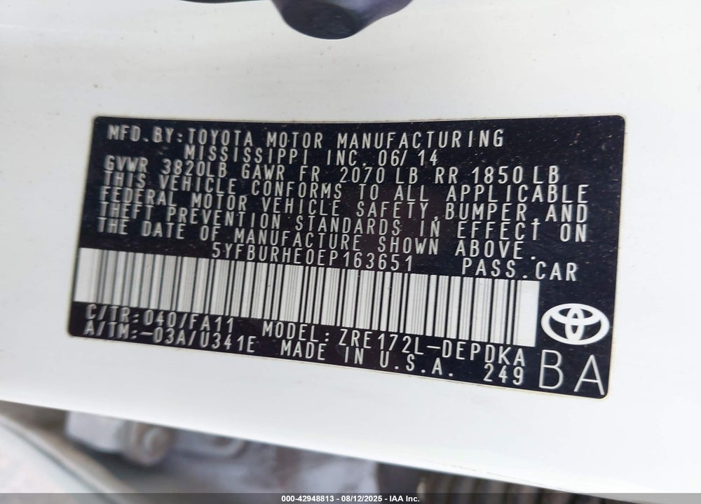 2014 TOYOTA COROLLA L VIN: 5YFBURHE0EP163651
