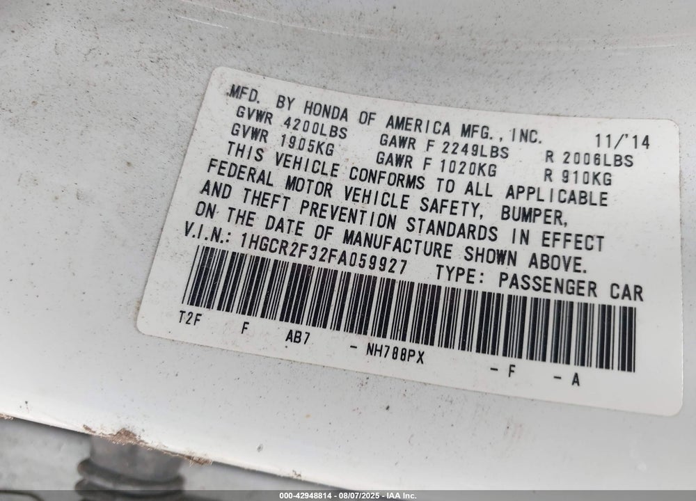 2015 HONDA ACCORD LX VIN: 1HGCR2F32FA059927