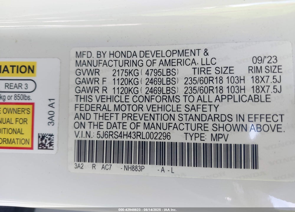 2024 HONDA CR-V EX AWD VIN: 5J6RS4H43RL002296