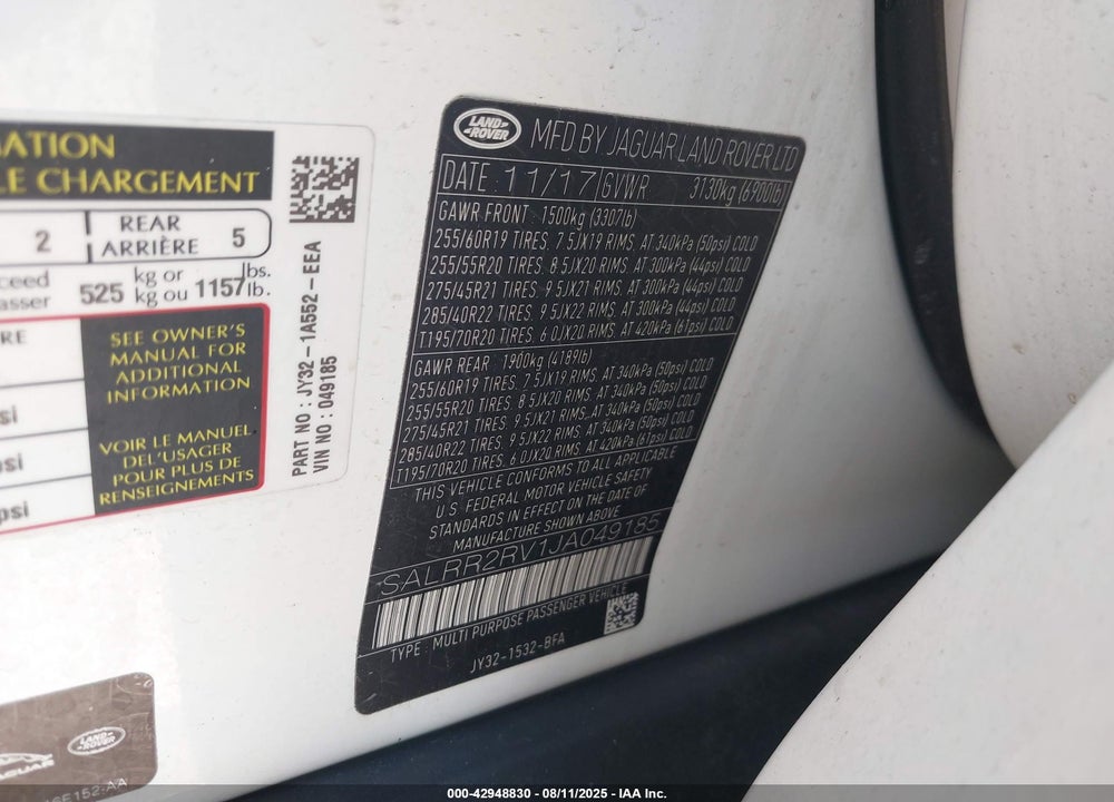 2018 LAND ROVER DISCOVERY VIN: SALRR2RV1JA049185