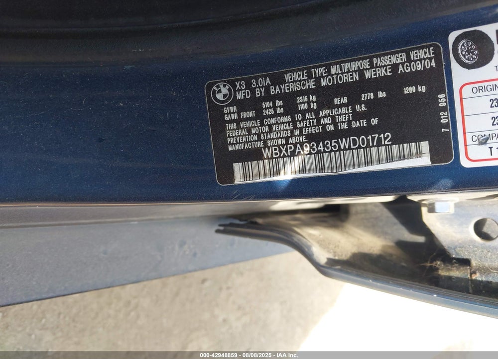 2005 BMW X3 3.0I VIN: WBXPA93435WD01712