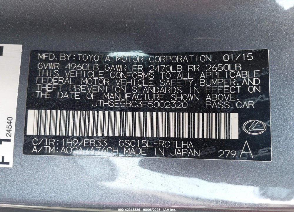 2015 LEXUS RC 350 VIN: JTHSE5BC3F5002320
