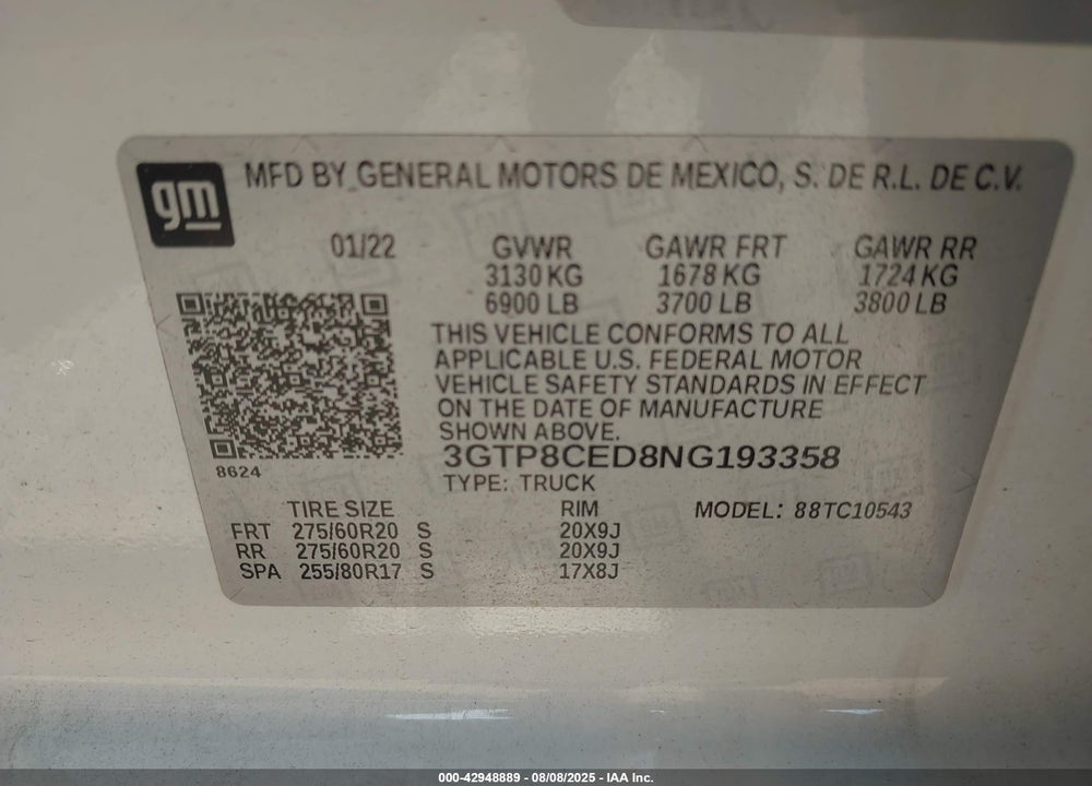 2022 GMC SIERRA 1500 LIMITED VIN: 3GTP8CED8NG193358