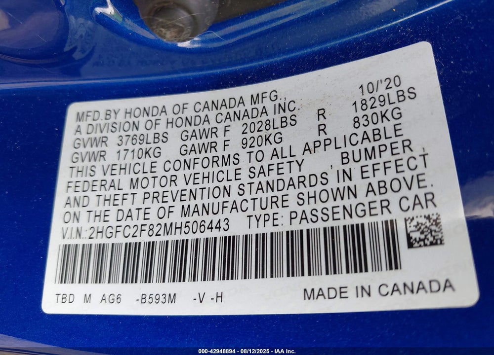 2021 HONDA CIVIC VIN: 2HGFC2F82MH506443