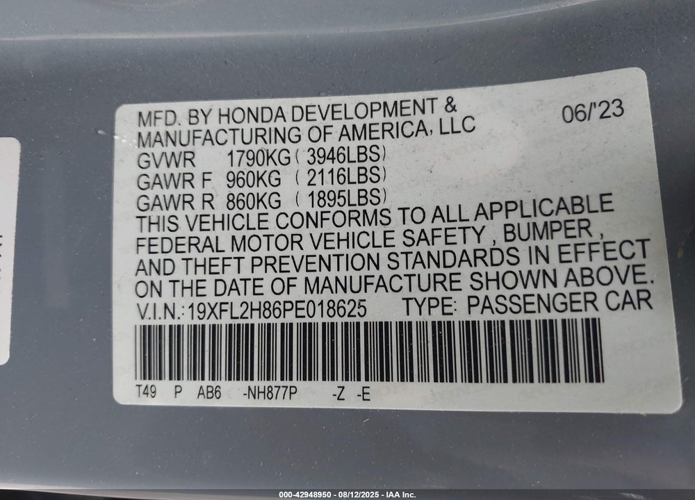 2023 HONDA CIVIC VIN: 19XFL2H86PE018625