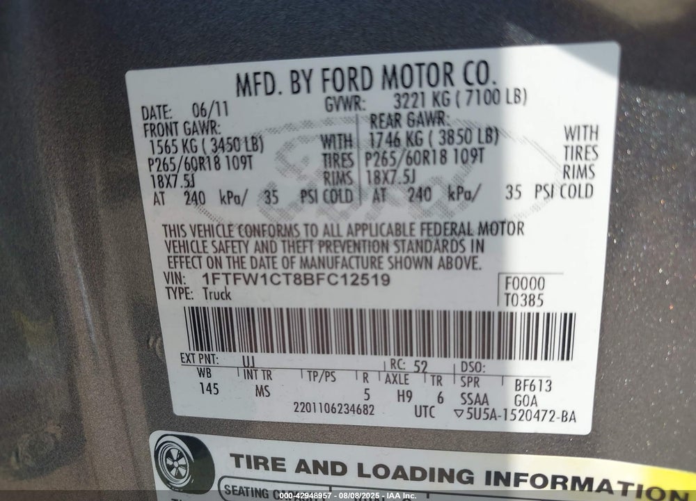 2011 FORD F-150 VIN: 1FTFW1CT8BFC12519