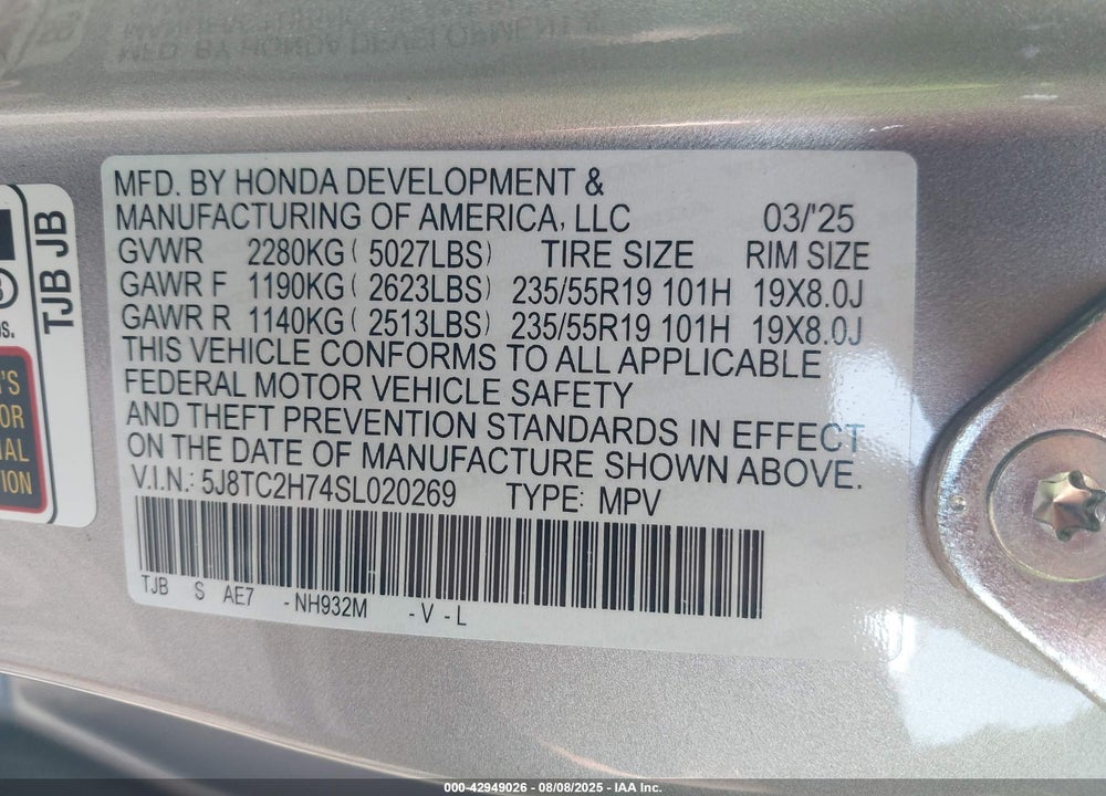 2025 ACURA RDX VIN: 5J8TC2H74SL020269