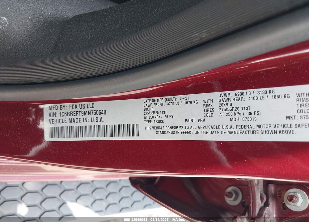 2021 RAM 1500 VIN: 1C6RREFT9MN750640
