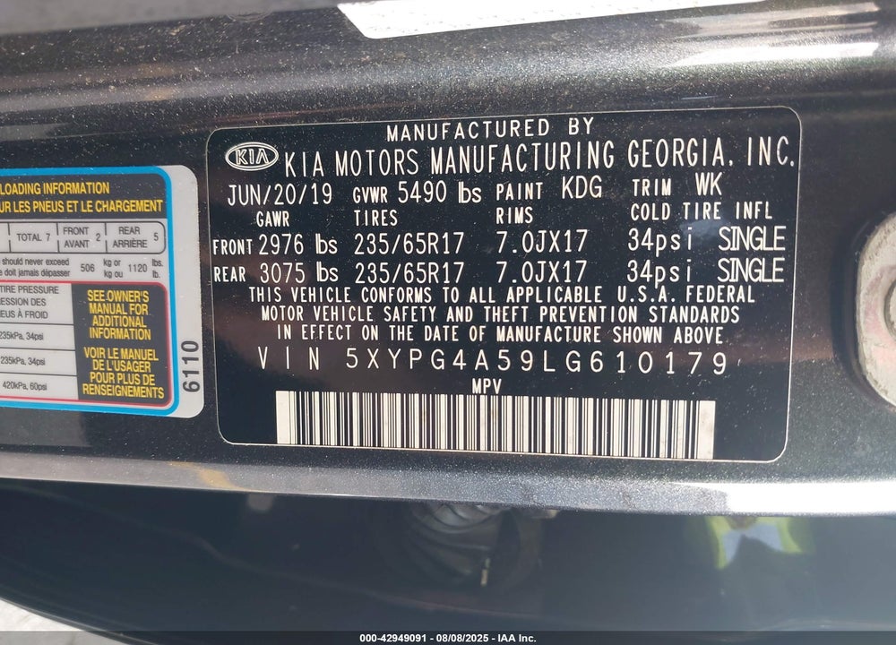 2020 KIA SORENTO VIN: 5XYPG4A59LG610179