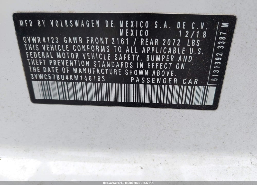 2019 VOLKSWAGEN JETTA 1.4T R-LINE/1.4T S/1.4T SE VIN: 3VWC57BU4KM146163