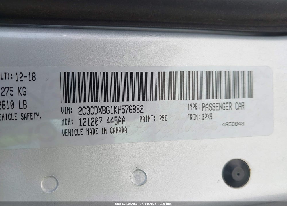 2019 DODGE CHARGER VIN: 2C3CDXBG1KH576882