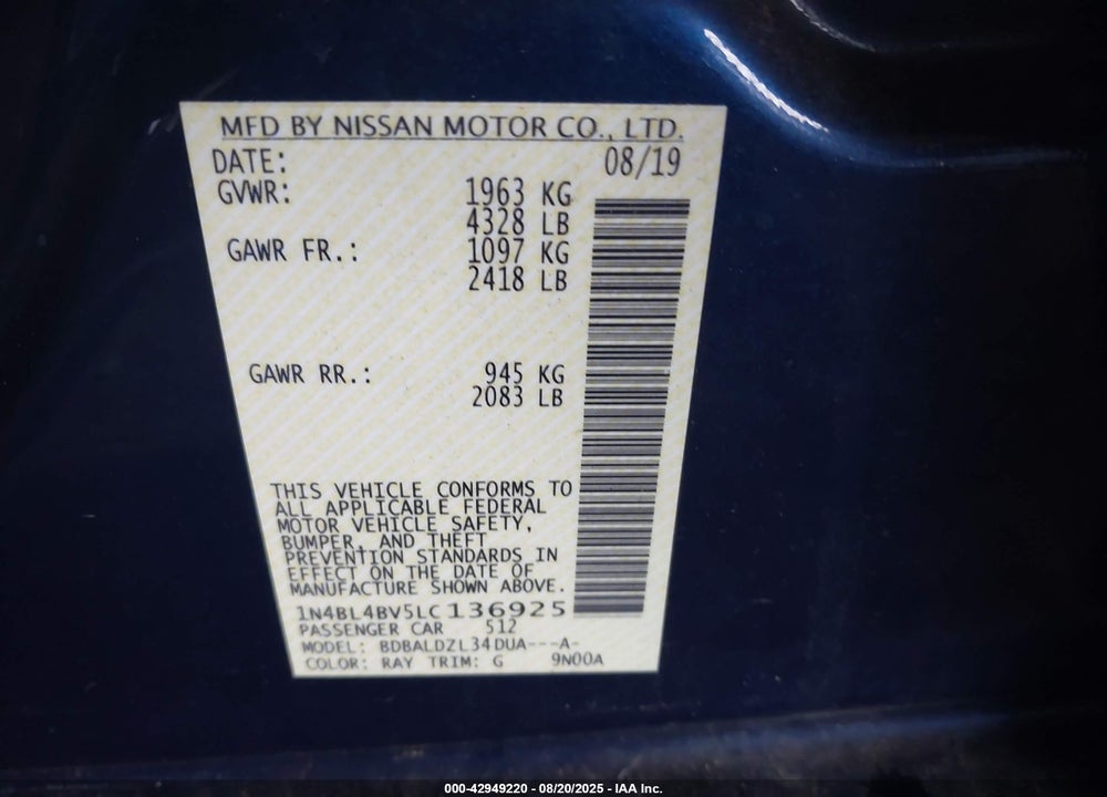 2020 NISSAN ALTIMA VIN: 1N4BL4BV5LC136925