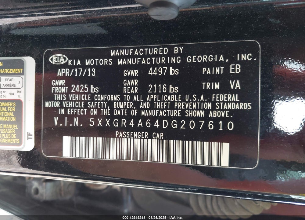 2013 KIA OPTIMA VIN: 5XXGR4A64DG207610
