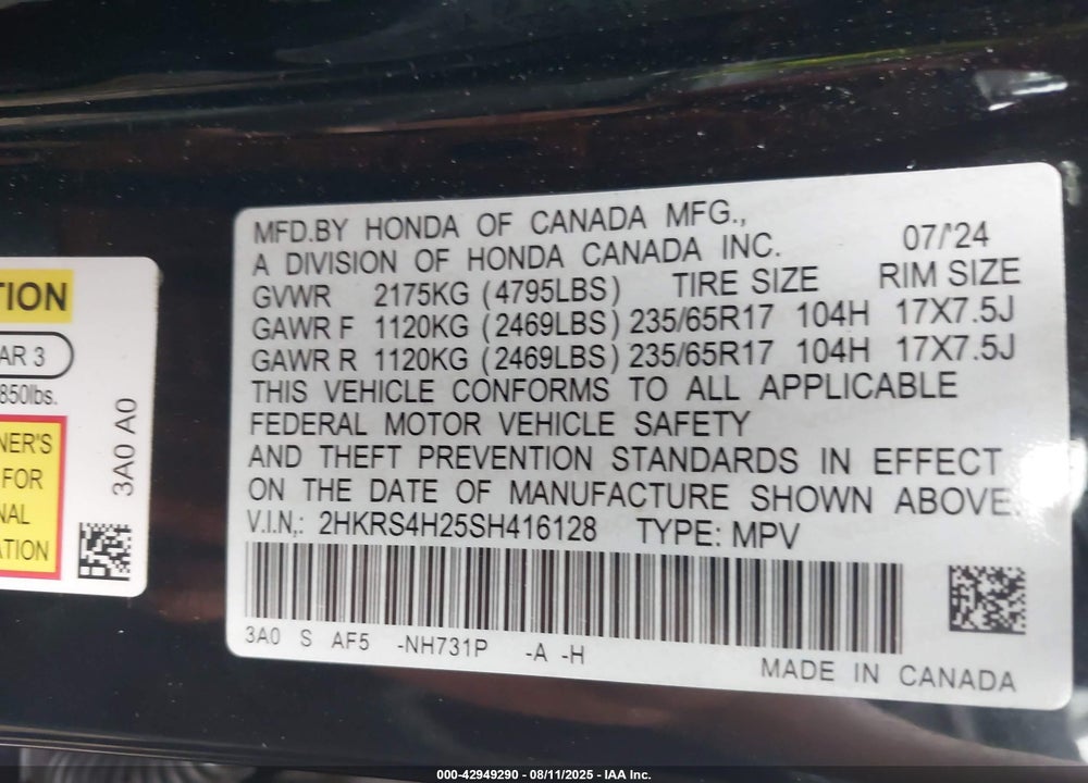 2025 HONDA CR-V LX AWD VIN: 2HKRS4H25SH416128