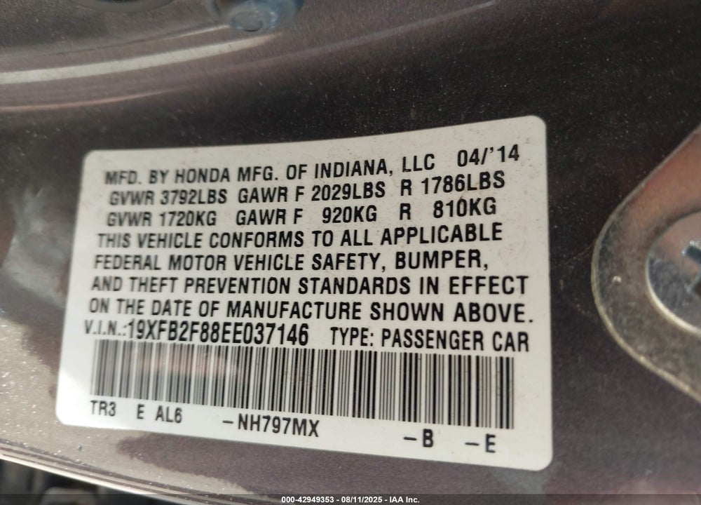 2014 HONDA CIVIC VIN: 19XFB2F88EE037146