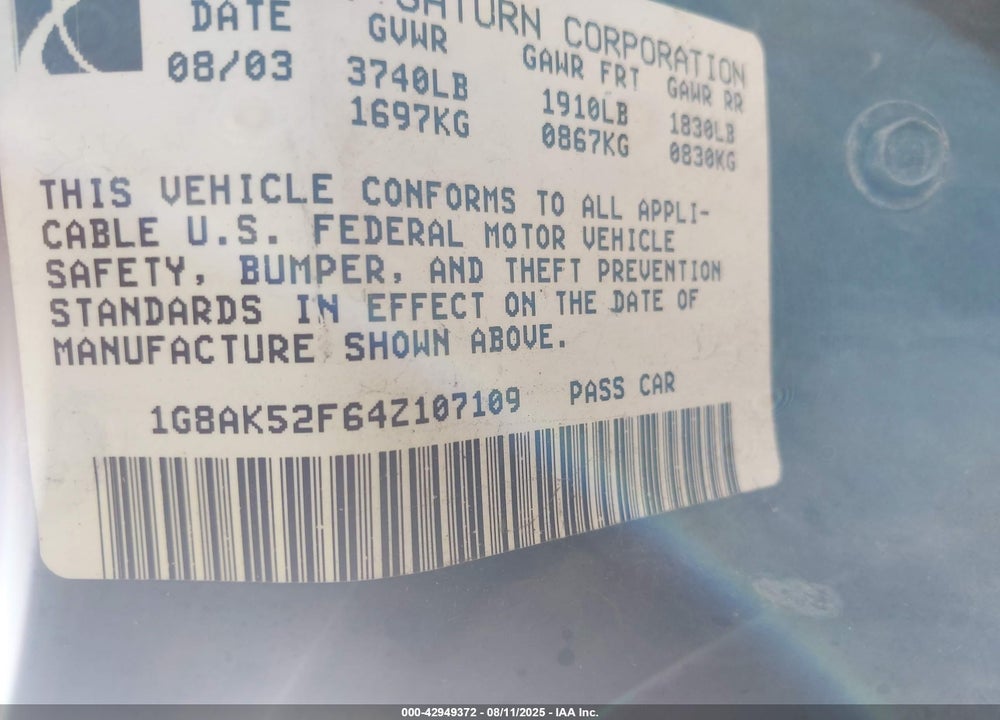 2004 SATURN ION 3 VIN: 1G8AK52F64Z107109
