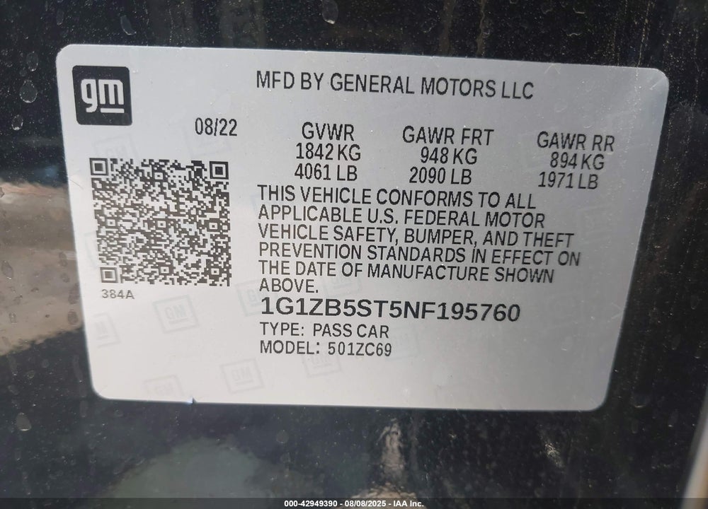 2022 CHEVROLET MALIBU VIN: 1G1ZB5ST5NF195760
