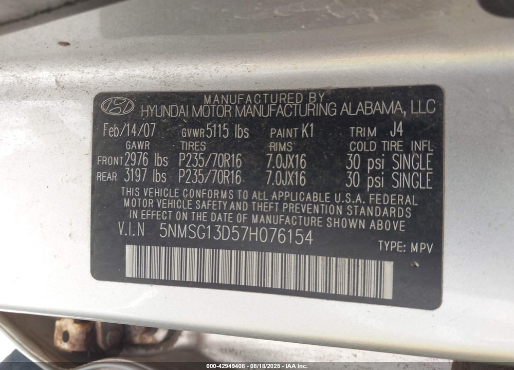 2007 HYUNDAI SANTA FE GLS VIN: 5NMSG13D57H076154