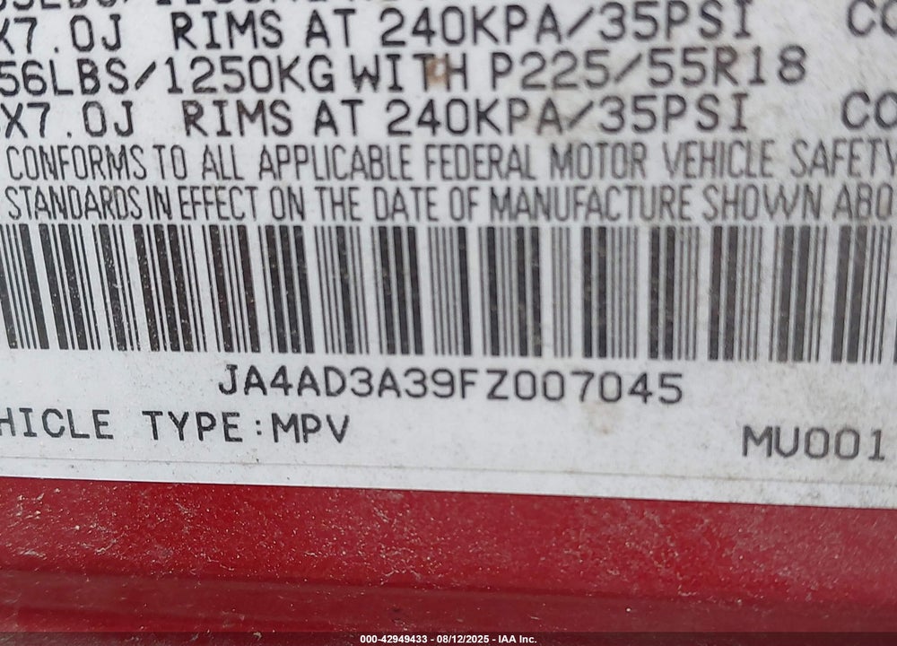 2015 MITSUBISHI OUTLANDER SE VIN: JA4AD3A39FZ007045