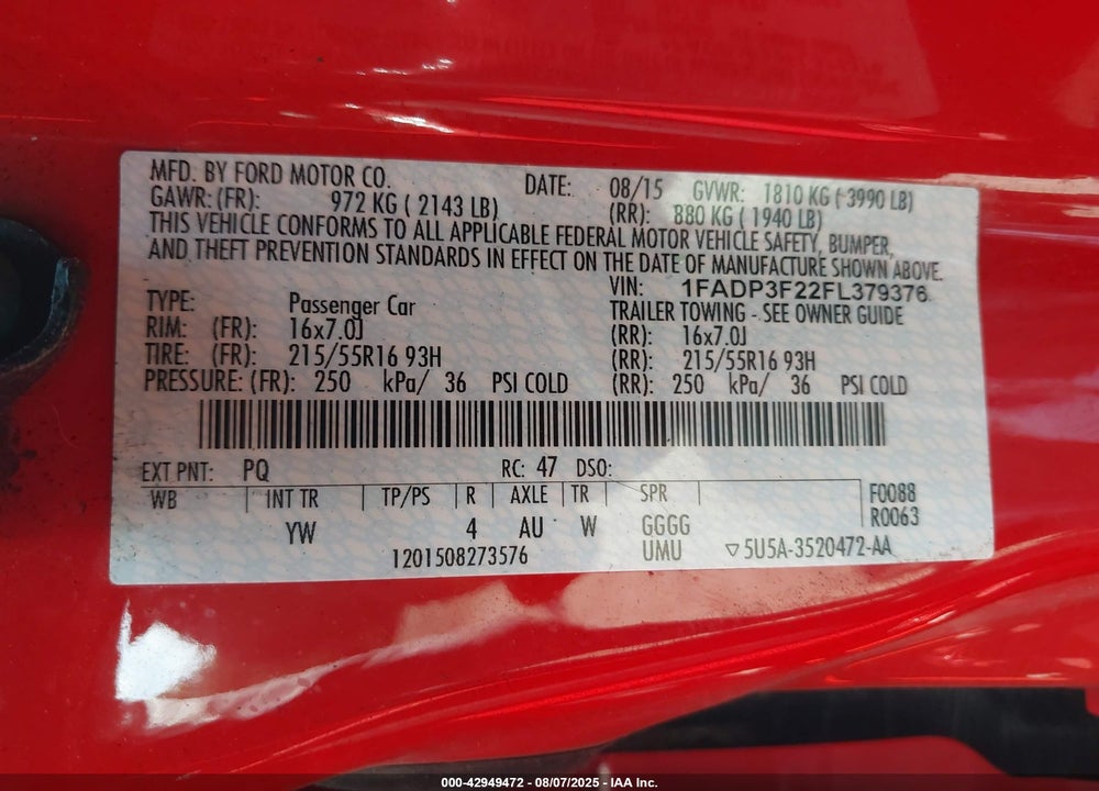 2015 FORD FOCUS VIN: 1FADP3F22FL379376