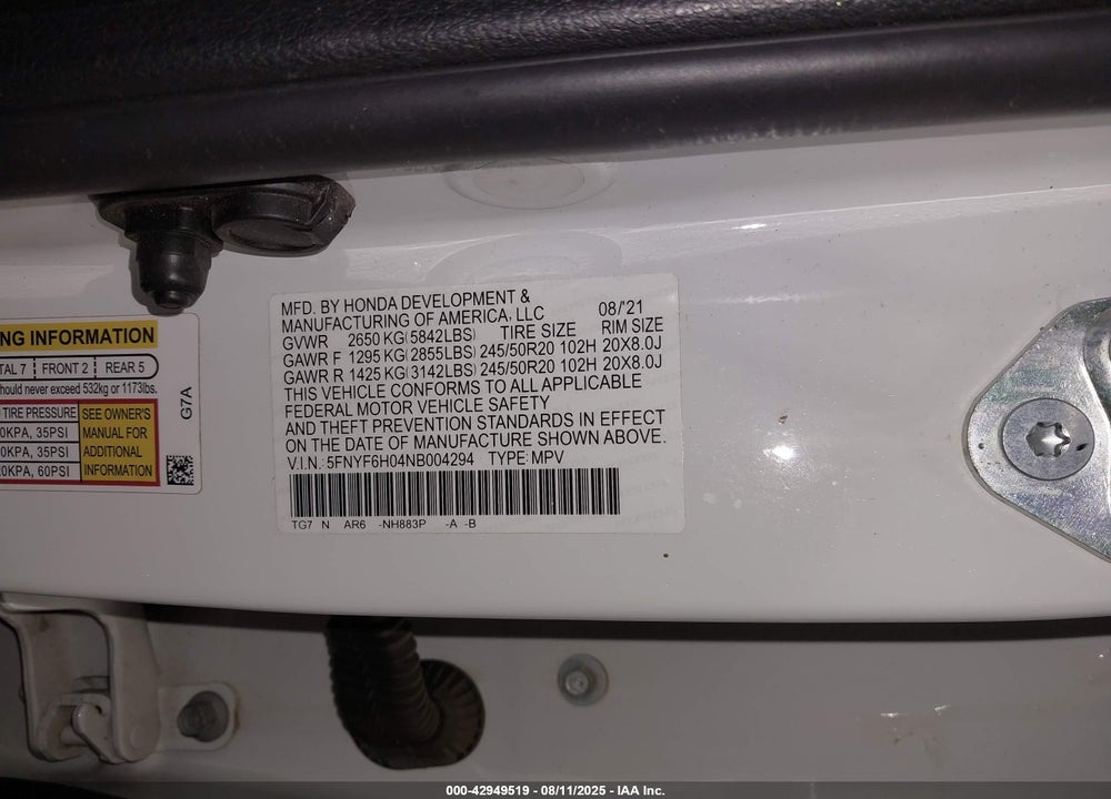 2022 HONDA PILOT AWD ELITE VIN: 5FNYF6H04NB004294
