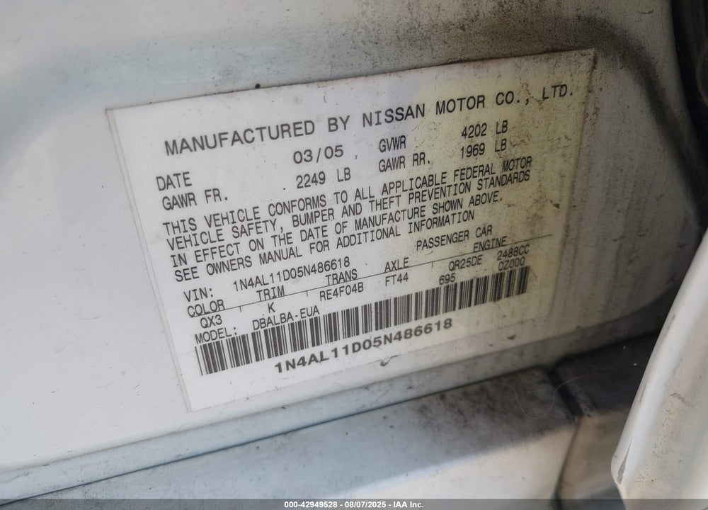2005 NISSAN ALTIMA VIN: 1N4AL11D05N486618