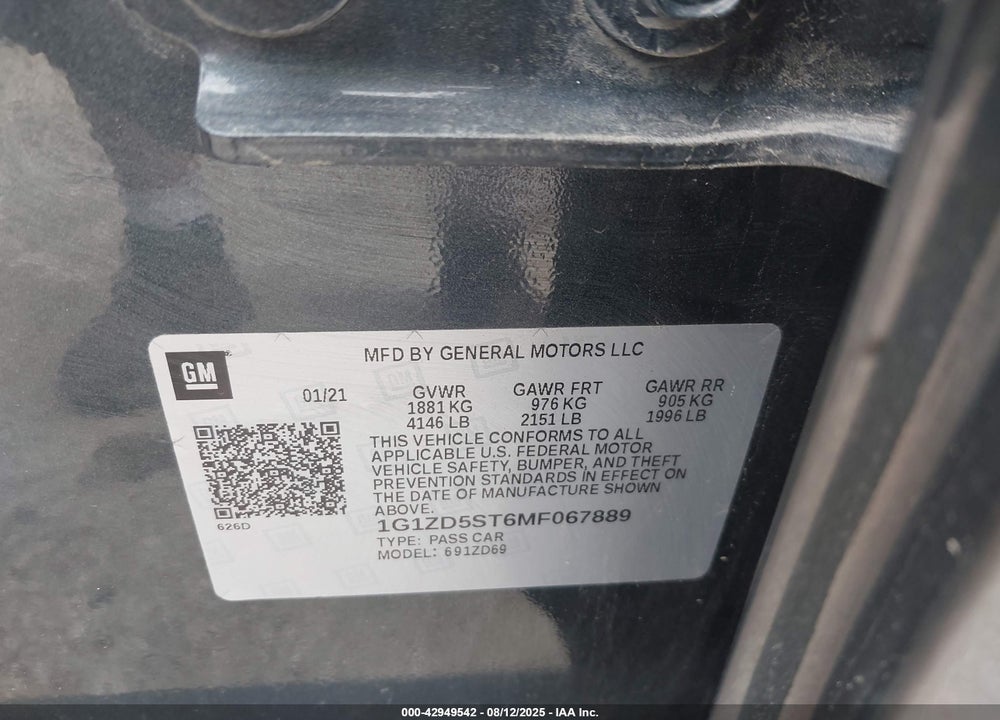 2021 CHEVROLET MALIBU FWD LT VIN: 1G1ZD5ST6MF067889